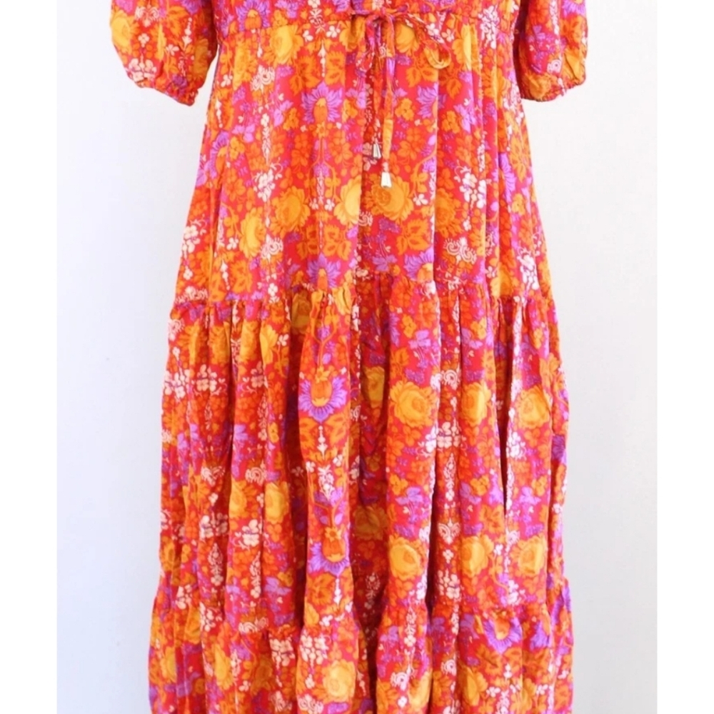 S🧡Anthropologie Abel the Label Red Orange Yellow Floral Print Dress Midi/Maxi - Picture 5 of 9